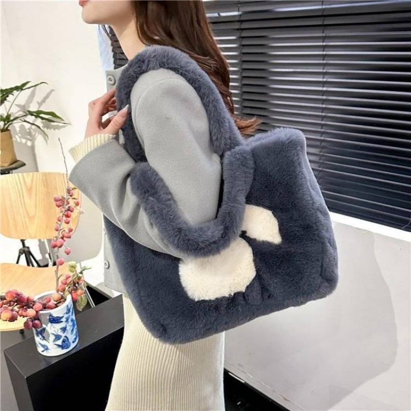 New Autumn and Winter Large-capacity Tote Bag Women's Fur Bag Cute Cartoon Handbag Plush Shoulder Bag