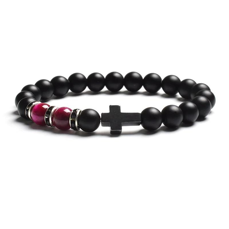 Fashion Religion Cross Men Women 8mm Natural Stone Tiger Eye & Black Matte Agates Bead Bracelet Elastic Bracelet Bangle Jewelry