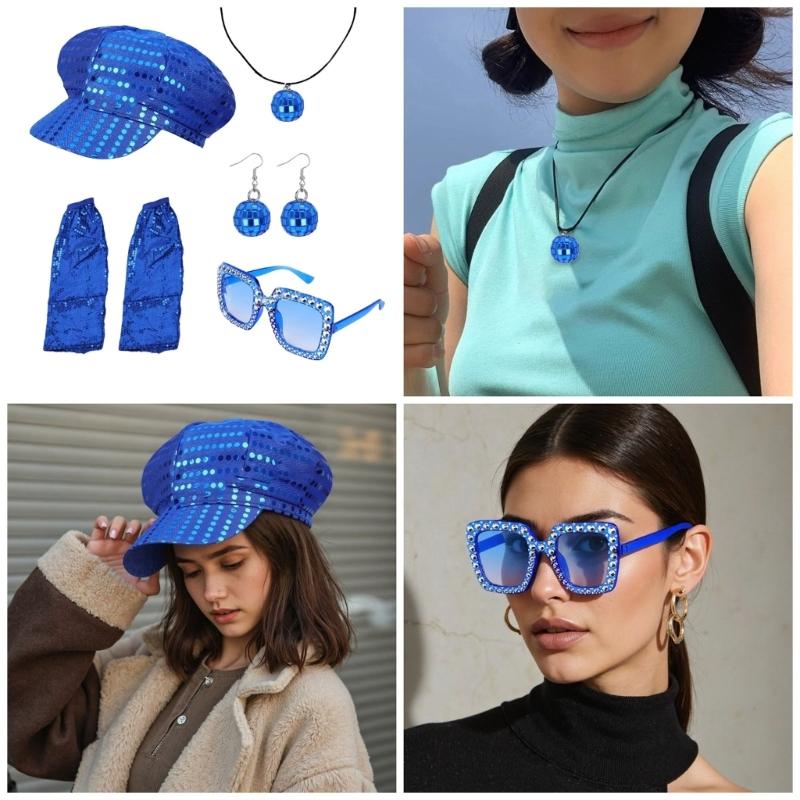 5Pieces Disco 50s 60s 70s 80s Set Rockstars Cool Outfits for Halloween Birthday Party Costume Dress Up Accessories