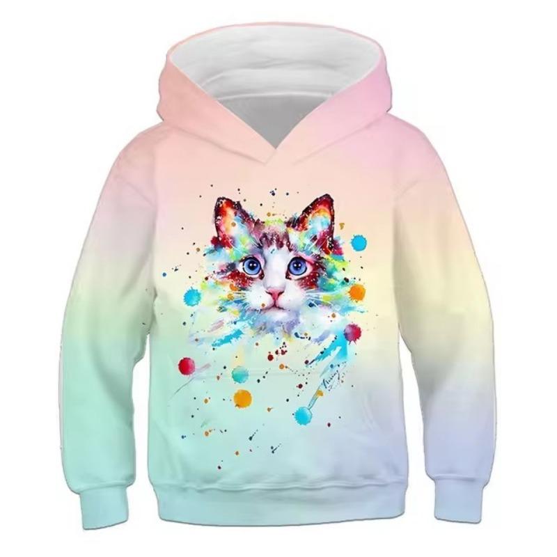 Hoodies Cute Kitten Flowers Print Girls Sweatshirt Stretch Comfortable Fit Long Sleeve Autumn Winter Pullover Tops Youth Kids