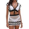 2Pcs/Set Women Swimsuit Set V-neck Hollow Crochet Front Tie Tops High Waist Cover Up Skirt Set Patchwork Color Swimwear