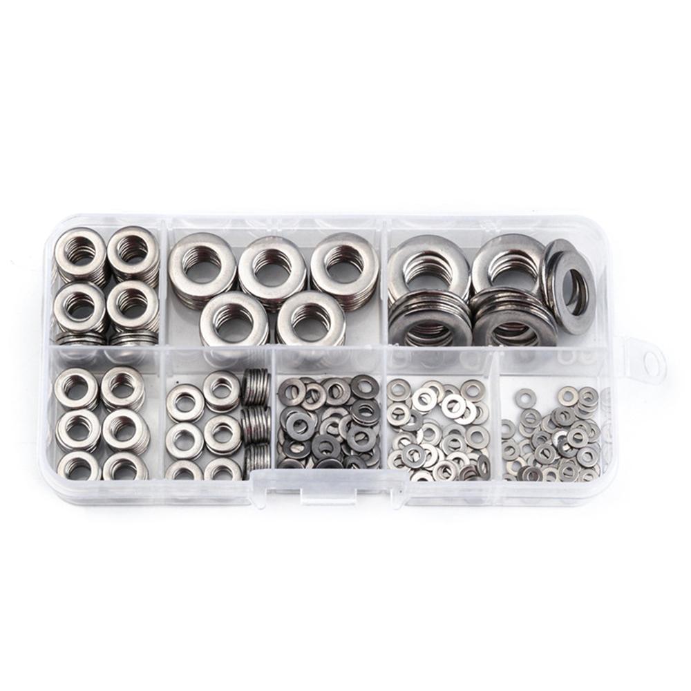 Stainless Steel Flat Washers Assortment, 360 Pieces, 8 Sizes, Kit with Storage Box, Portable for  , Home Repair Workshop, General Use