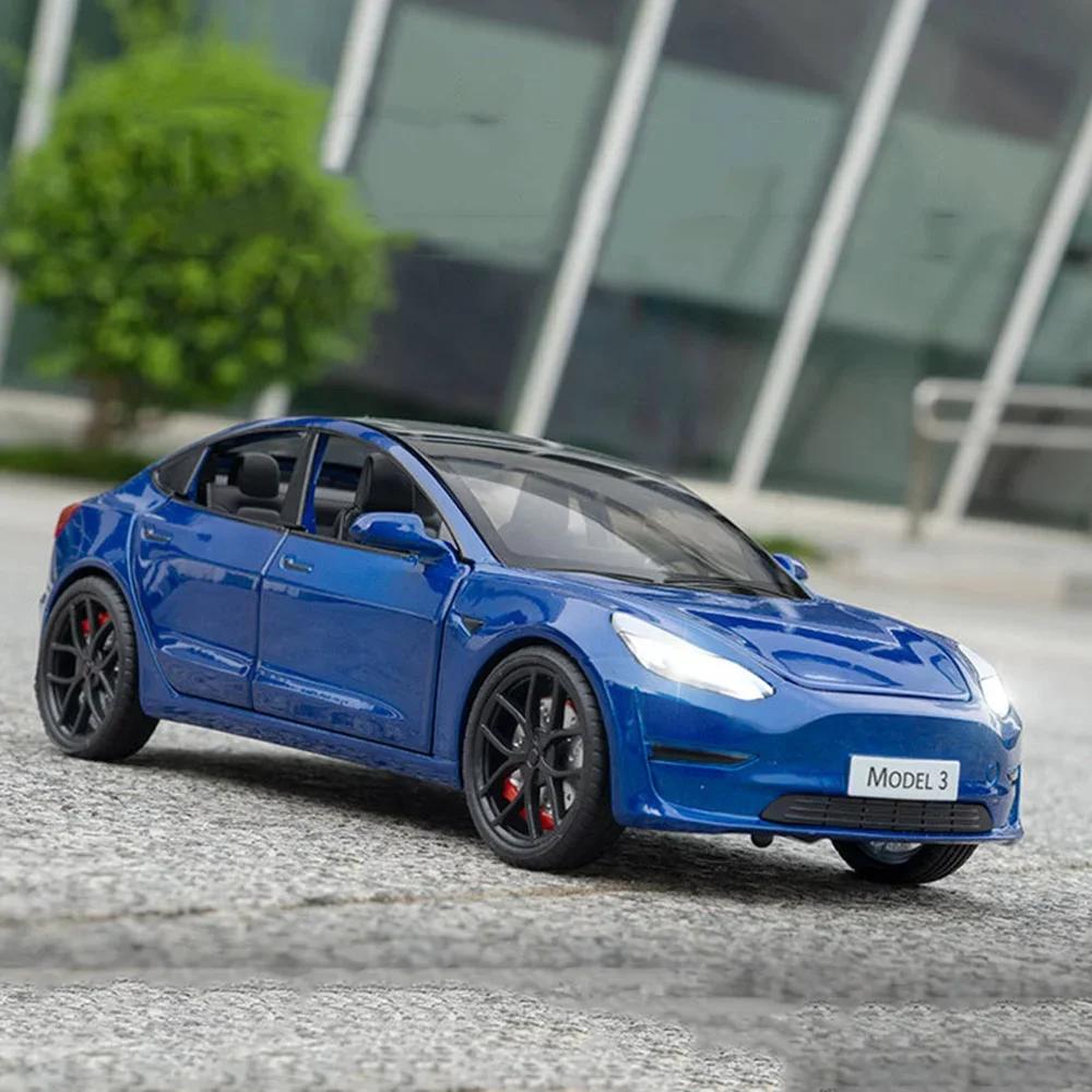 AKX1 1:24 TESLA Model 3 Car Toys Alloy Diecasts Metal Vehicles Car Model With Sound Light Vehicle Toys For Children Gifts Collection