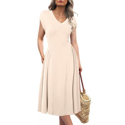 Womens Pleated Midi Dress Summer V Neck Cap Sleeve Slim Fit A-Line Cocktail Party Dresses