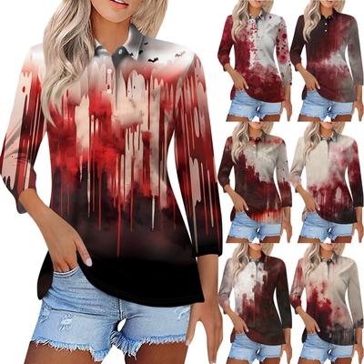 Damska Moda Casual Klapa Krótki Rękaw 3/4 Koszula z Nadrukiem Halloween Damskie Bluzki Zapinane na Guziki