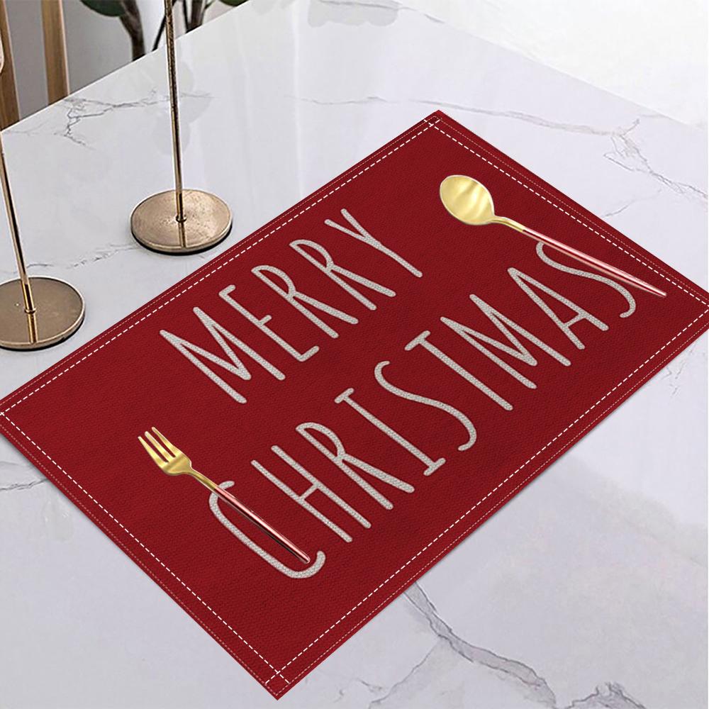 Christmas Red Linen Placemat Table Coffee Mat Spiral Tree Candy Cane Snowflake Stocking Let It Snow Merry Xmas Decor Kitchen