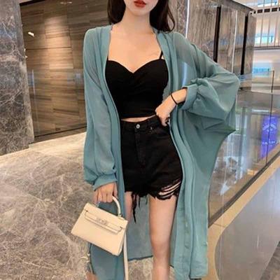 Chiffon Cardigan Women's Summer Bubble Sleeve Sunscreen Coat Loose Holiday Medium Long Top