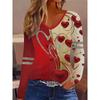 Ladies' Elegant Slim Fit V-neck Long Sleeved T-shirt -3D Heart-shaped Print with Red and Gold Glitter Accents