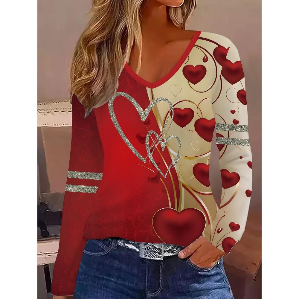 

Ladies Elegant Slim Fit V-neck Long Sleeved T-shirt -3D Heart-shaped Print with Red and Gold Glitter Accents XL