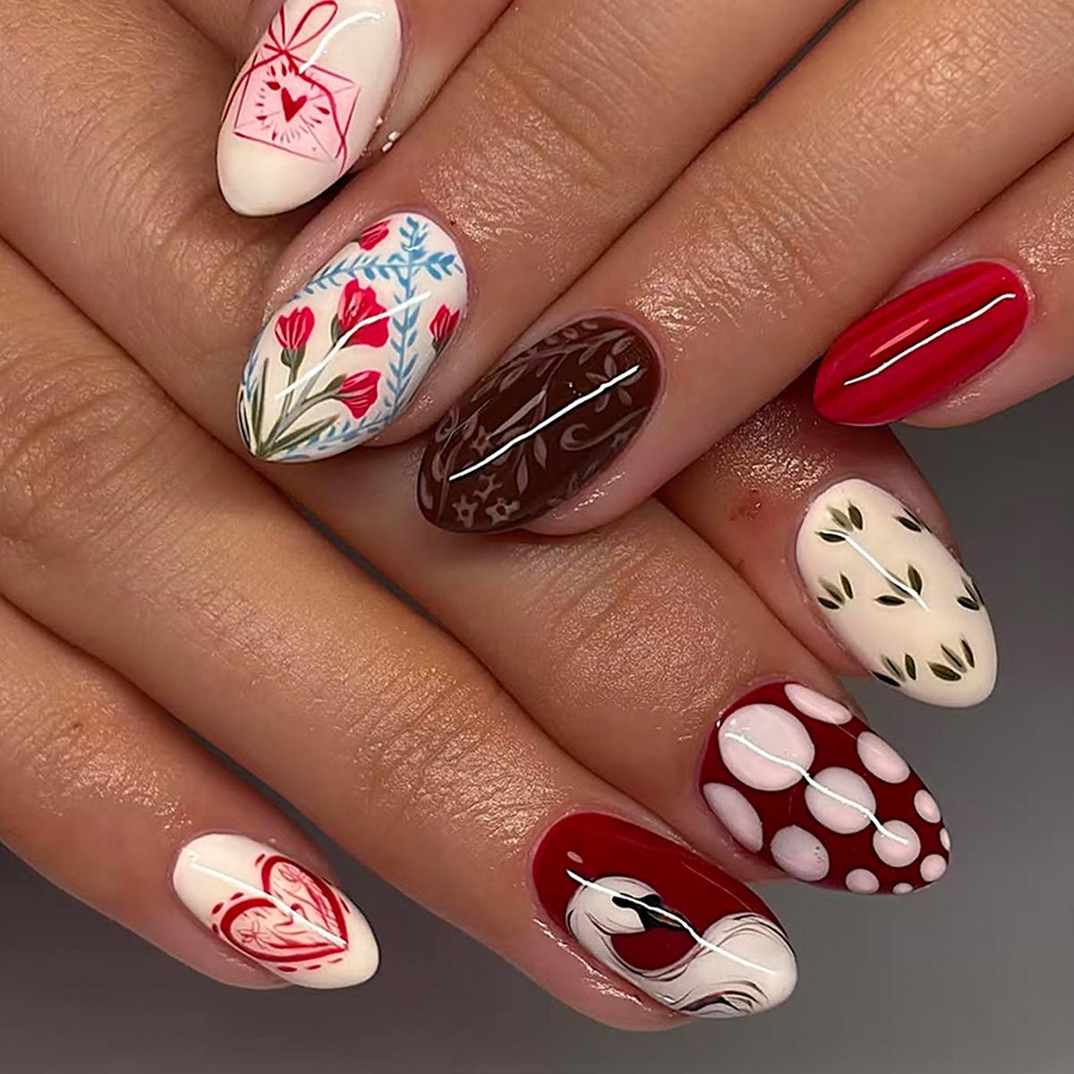 

24PCS Sweet Girls False Nails with Glue Cute Red Strawberry Pattern French Press on Nails Full Cover Simple Almond Wearable Nail