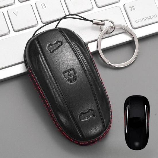 Genuine Leather Car Key Fob Case Cover Bag Keychain For Tesla Model X 2016-2020