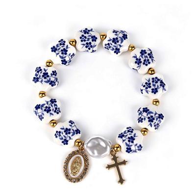 Nuovo Bracciale in Porcellana Blu e Bianca Stile Cinese Perline Metalliche Fiocco Perline Elastiche Braccialetti Antichità Colorate