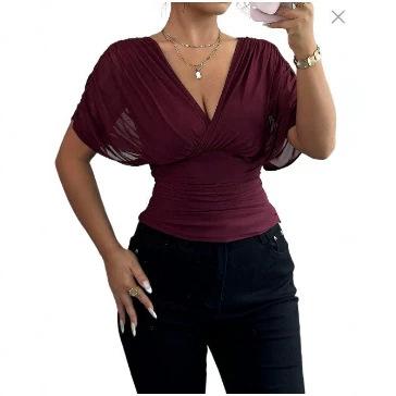 Haut Décontracté Uni Manches Courtes Volants Col en V Coupe Ajustée Doux pour Femme