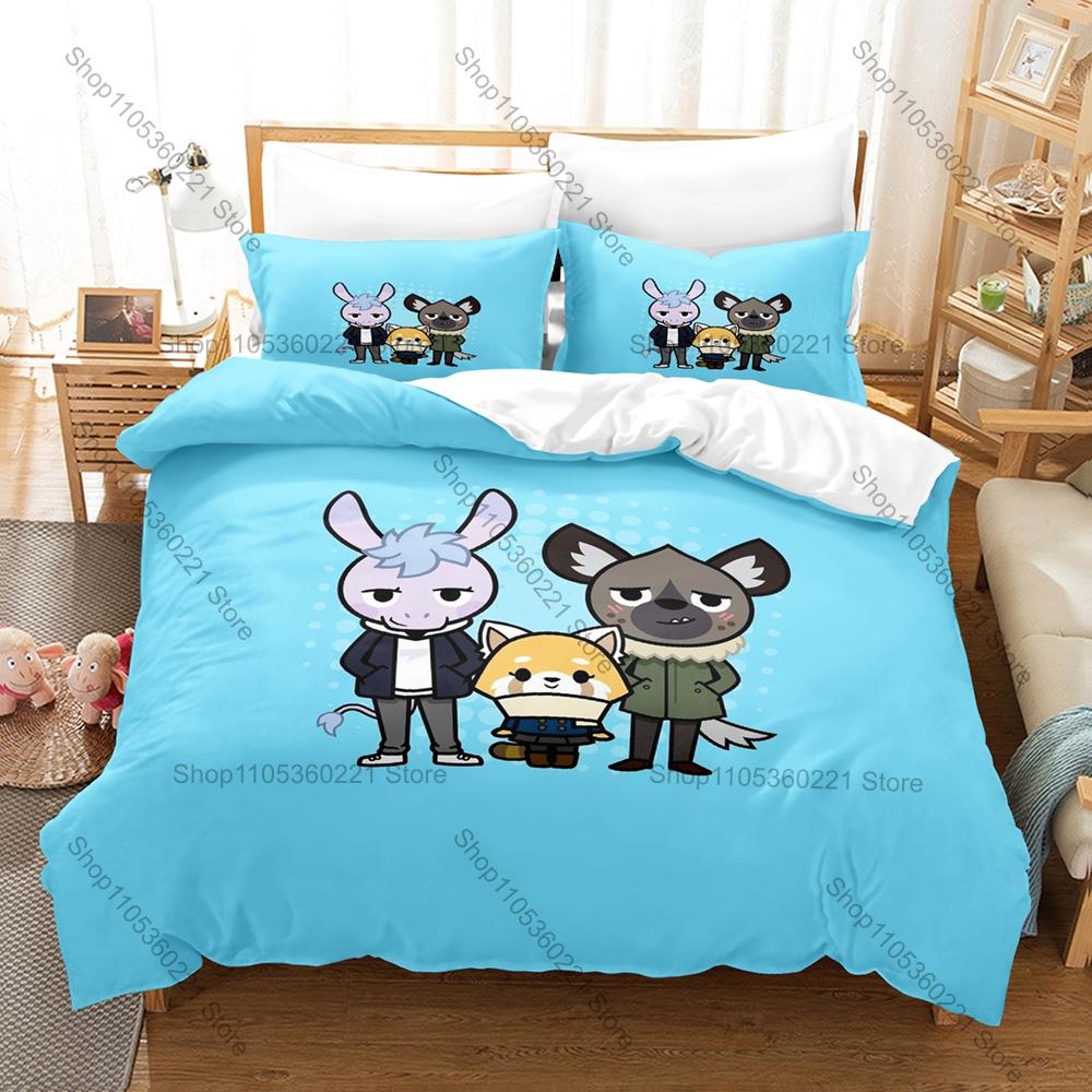Personality Aggretsuko Anime Bedding Set New Soft Duvet Cover Pillowcases Cute Red Panda Print Bed Set for Kids Adults Bedroom D