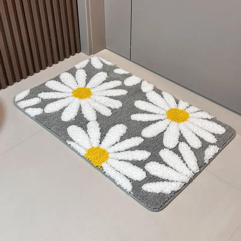 VIKAMA Fresh Daisies Fluffy Rug Water-Resistant Anti-Slip Bathroom Floor Mat Bedroom Balcony Entrance Door Mat Home Decoration