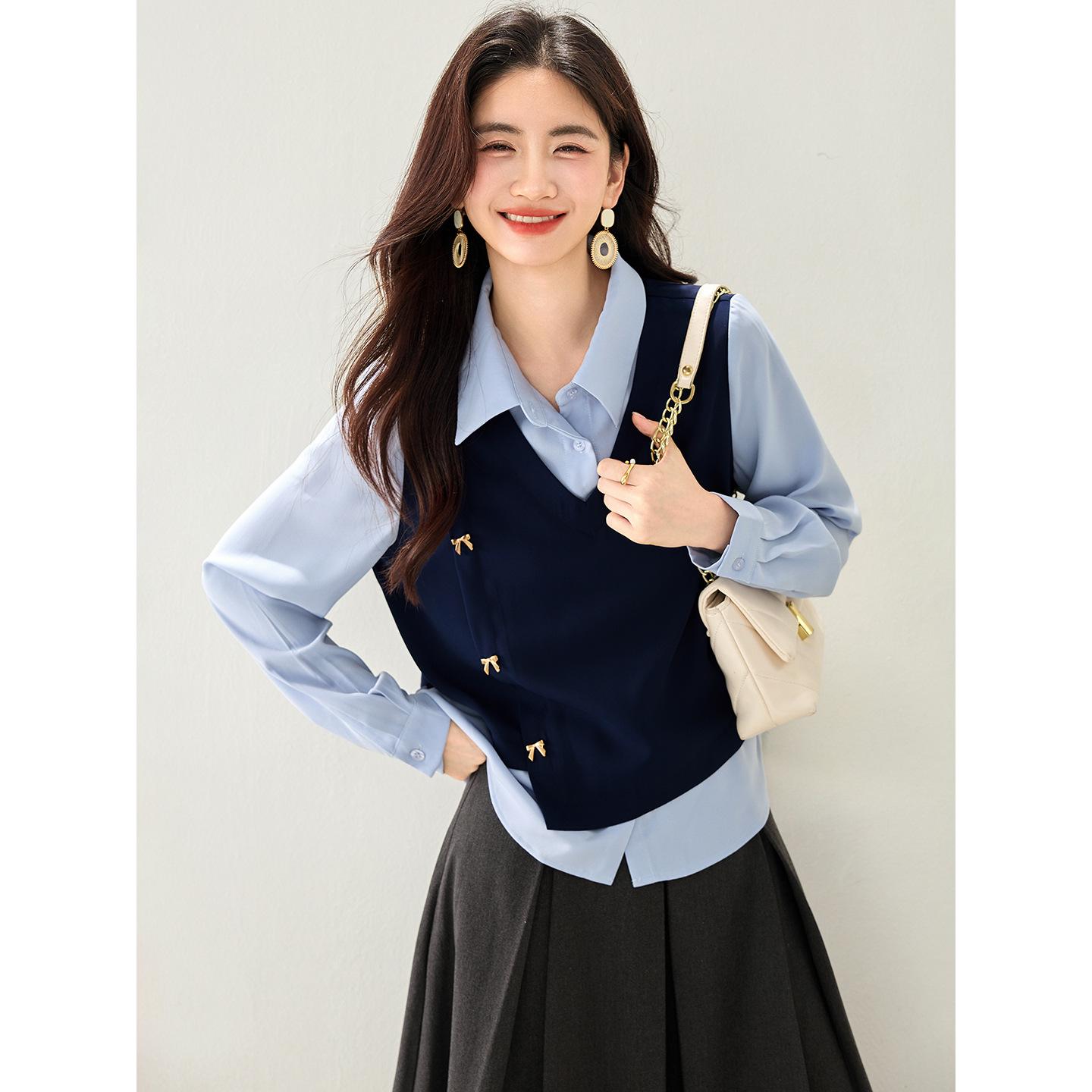 Women s Chic Loose Long-Sleeve Vest Shirt - Spring/Autumn 2026 Small темно-синий