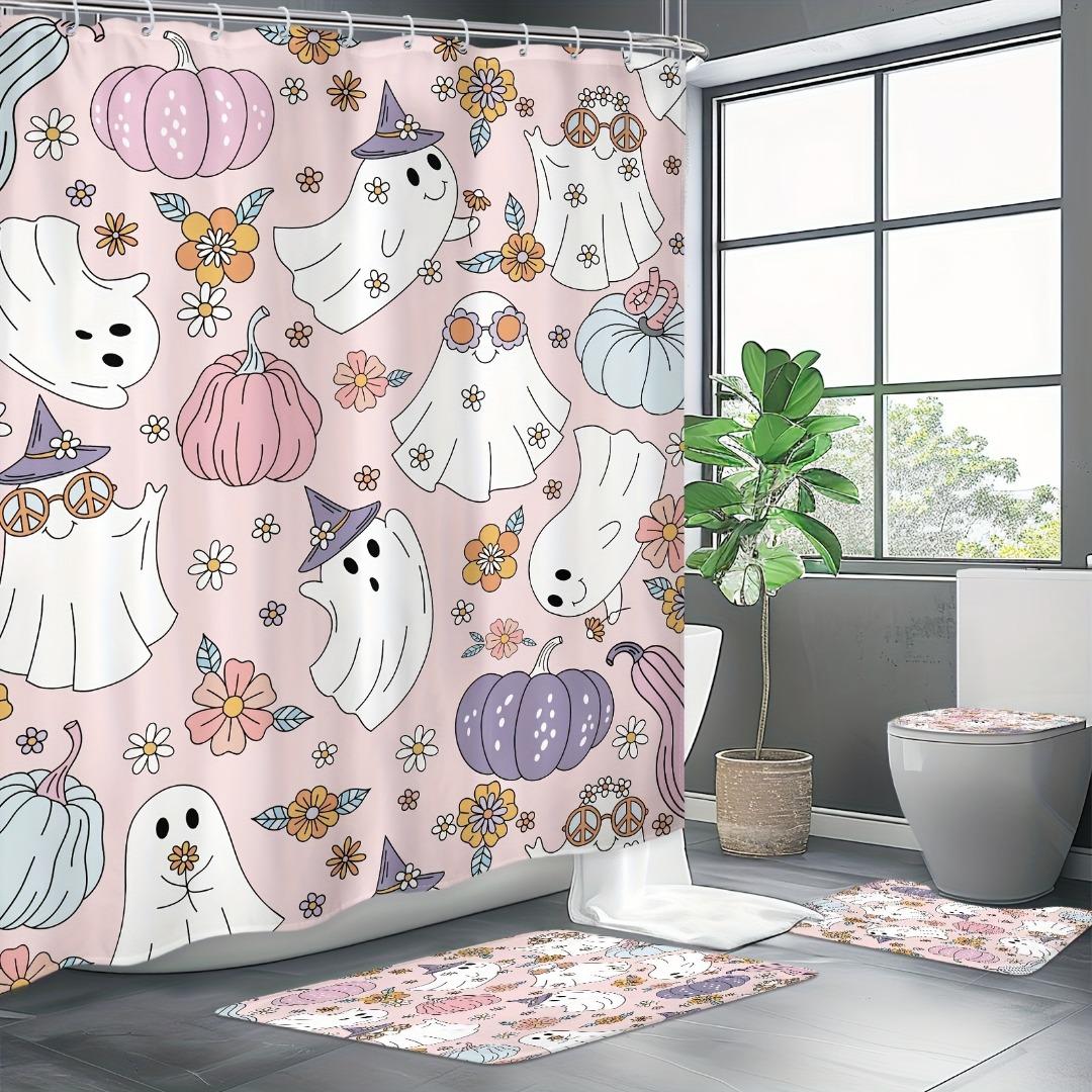 

1/4Pcs Halloween Decoration Pink Cute Ghost Pattern Shower Curtain Bathroom Decor Halloween Decoration Indoor Showr Curtain Only90x180curtain