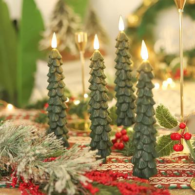 2Pcs Christmas Tree LED Flameless Candles Light with 3D Flame Wick Green LED Candlesticks  Operated forChristmas Home Decoration