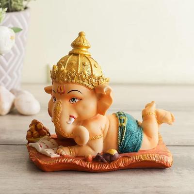 Resin Cute Bal Ganesha Decorative Statue for Home Decor - (Set of 1 Piece, Multicolor)