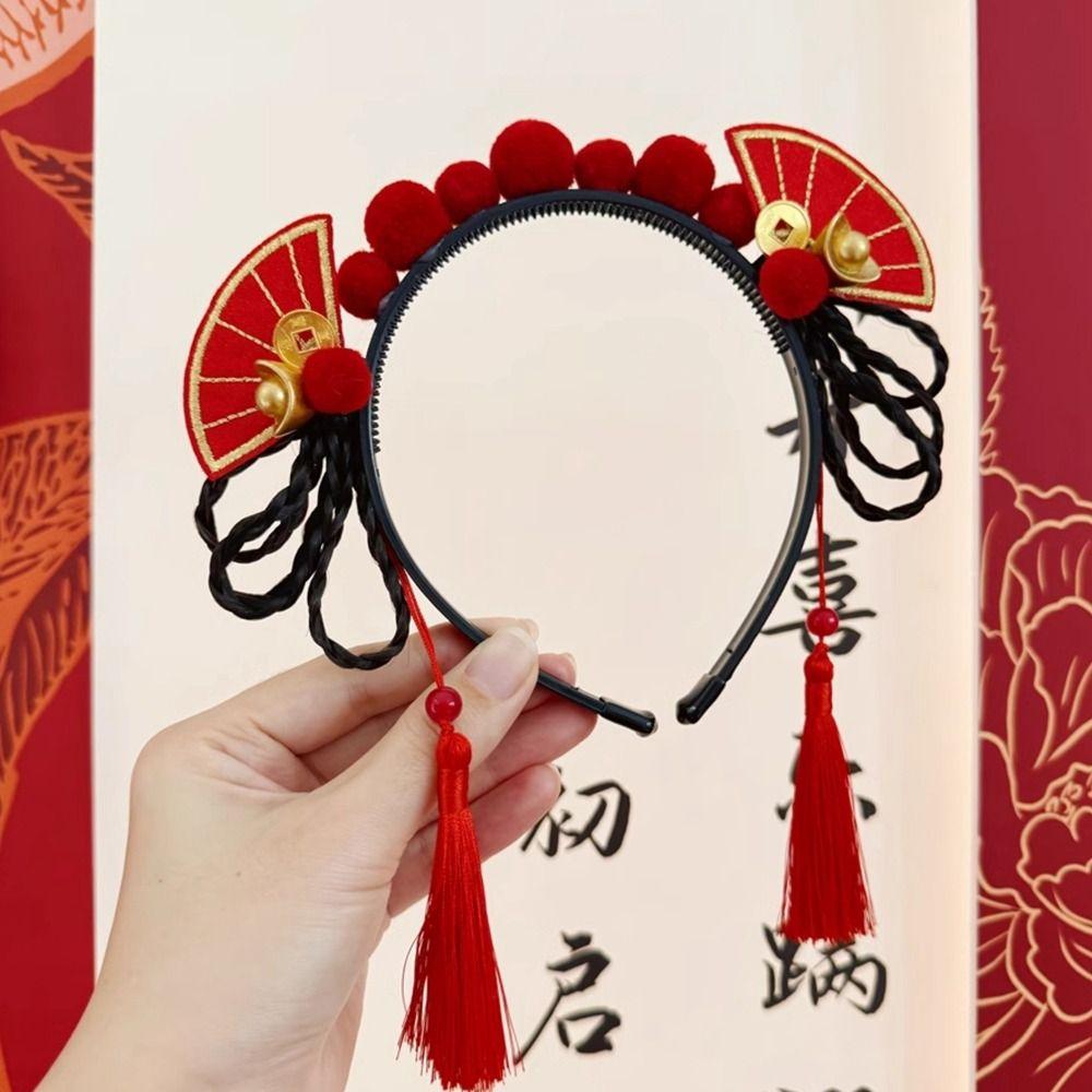 Tassel Chinese New Year Headwear Flower Red Bow Hairband Lovely Hanfu Hair Sticks Children