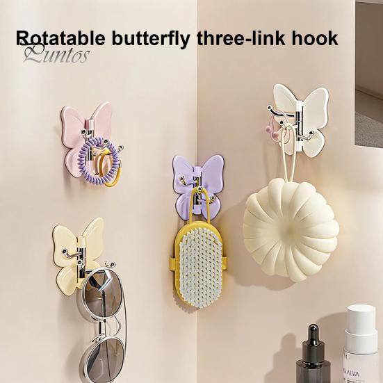 Corner Storage Hooks Rotating Butterfly Adhesive Wall Hooks, 3-Prong No-Drill Swivel Hangers, with Flexible Adjustable Angle Space-Saving Hook,