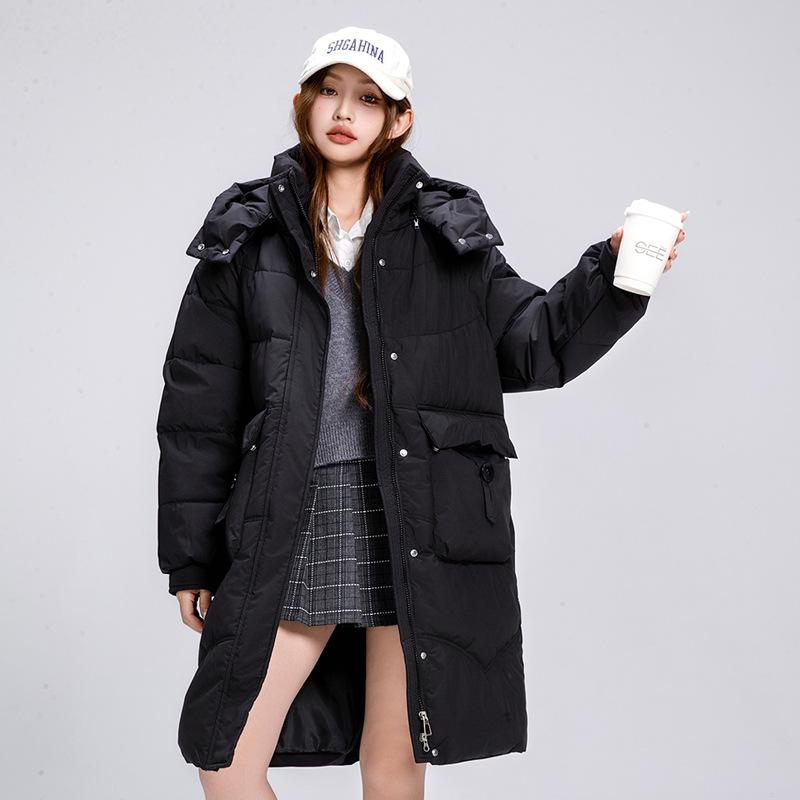 2025 winter new mid-length down padded jacket large size loose Korean over-the-knee padded jacket women's detachable hat