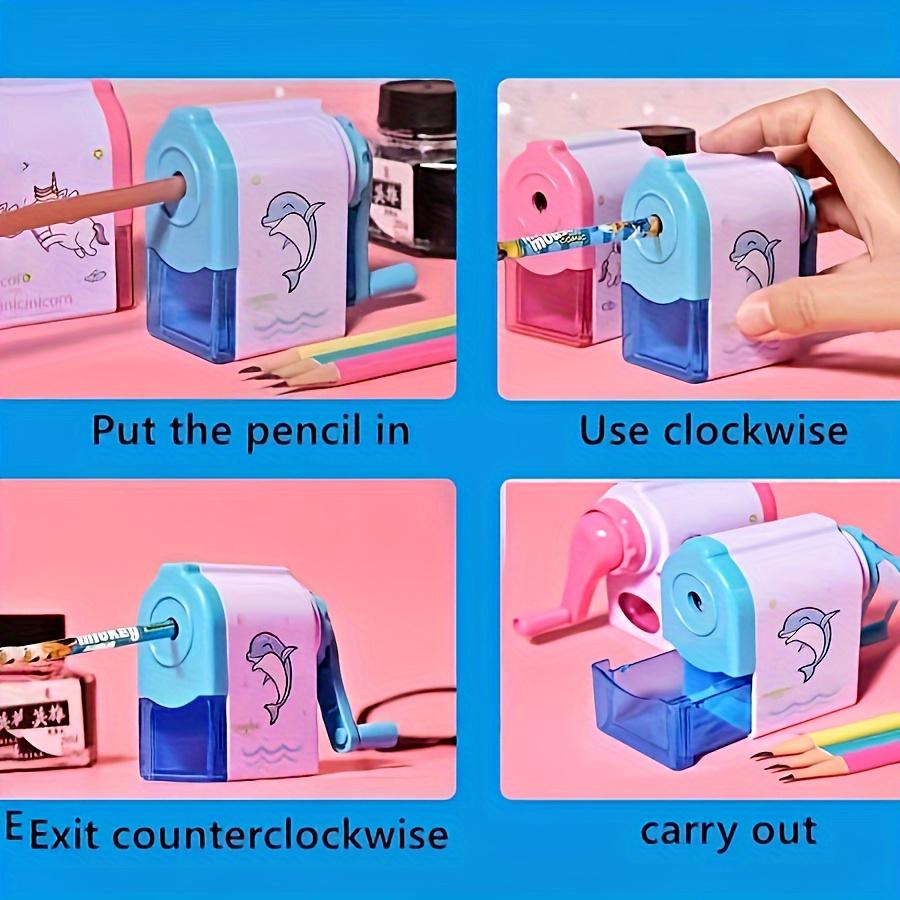 Sacapuntas de unicornio rosa, sacapuntas manual de gran agujero, material escolar, cortador de lápices con alimentación automática y manivela