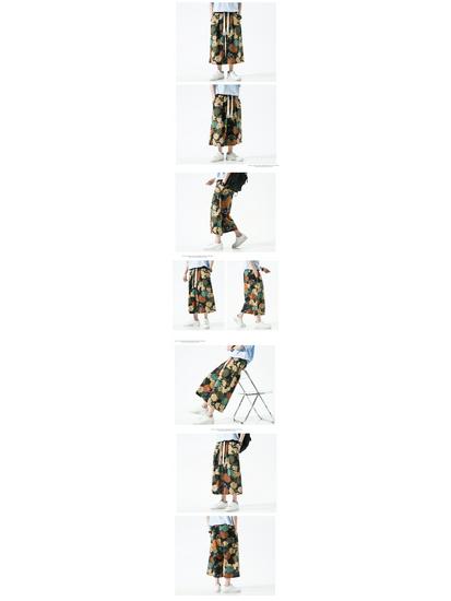 2022 Men's Summer Chinese Print Cotton Linen Capri Pants, Plus Size, Casual Wide Leg Style