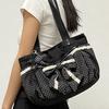 Borsa Tote in Tela a Pois con Decorazione Fiocco di Pizzo Grande Capacità Borsa a Spalla Casual Stile Vintage Carina Borsa a Mano per Pendolari Quotidiani