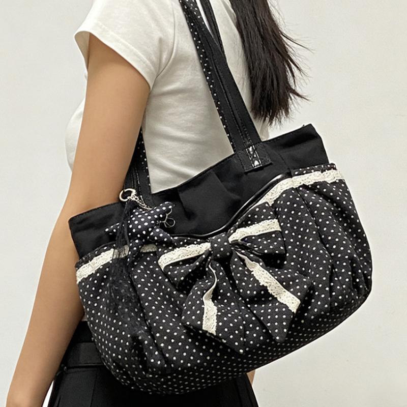 Borsa Tote in Tela a Pois con Decorazione Fiocco di Pizzo Grande Capacità Borsa a Spalla Casual Stile Vintage Carina Borsa a Mano per Pendolari Quotidiani