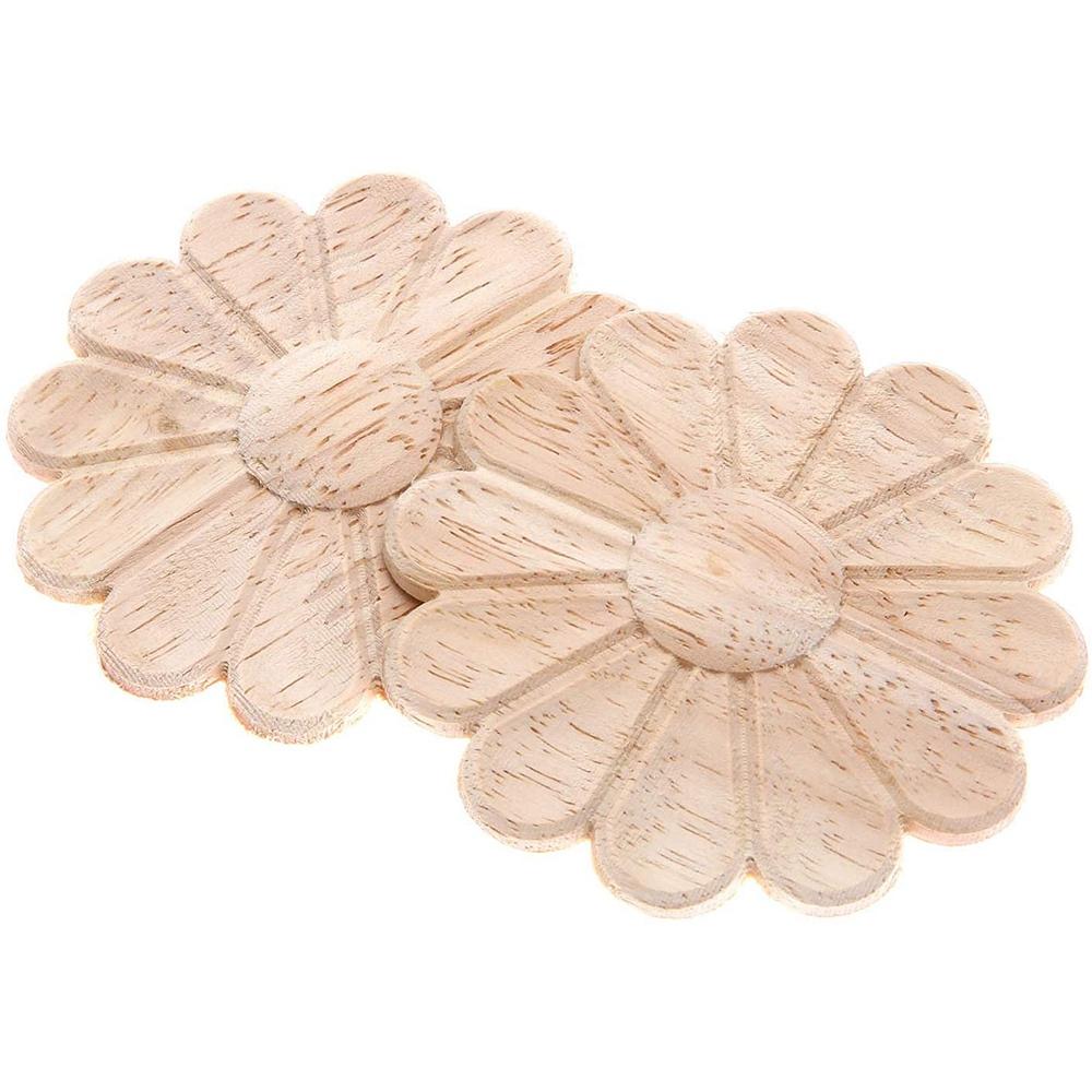 Aug. 10Pcs Unpainted Round Flower Pattern Wood Carved Applique Frame Onlay Cabinet Furniture Decoration 6Cm