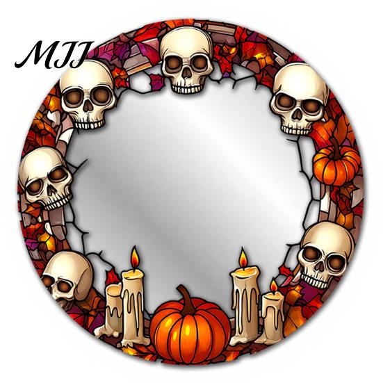 Halloween Wandspiegel Dekor Dekorative Aufkleber mit Spinnen/Skeletten/Kürbissen, Retro Hängende Spiegel für Flur Schmuck, Leichtes Zuhause Feiertag