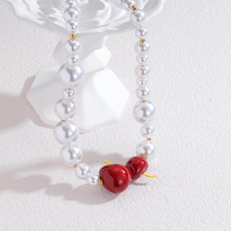 Sweet Cherry Pearl Necklace and Earrings Set: Cute Autumn/Winter Jewelry in Titanium Steel