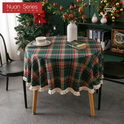 1PC Nuan Series Christmas Plaid Printed Tassel Edge Table Cloth Retro Party Decoration Table Cloth for Kitchen Dining Table Coffee Table Home Decor