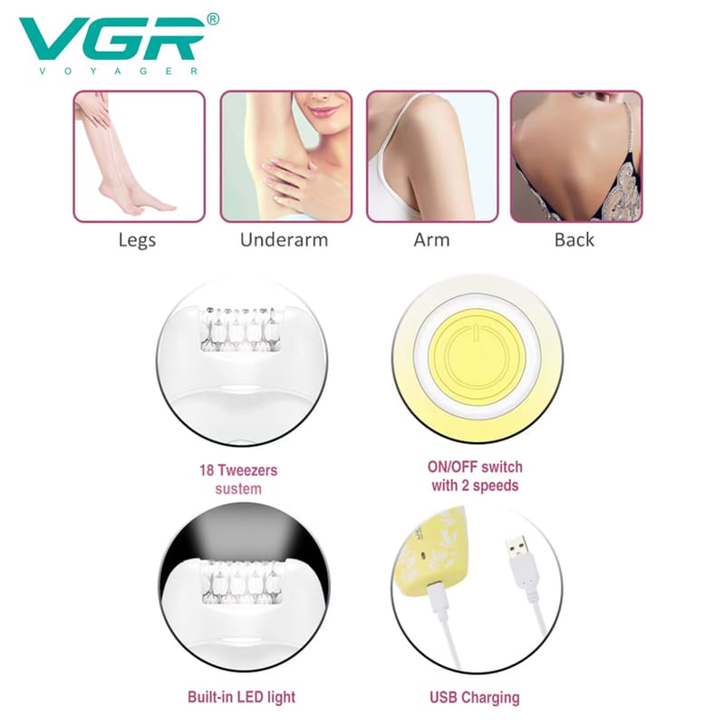 VGR 738 Hair Removal Device USB Rechargeable Electric Hair Removal Device Portable Women's Home Full Body Hair Removal Device with Detachable Blade