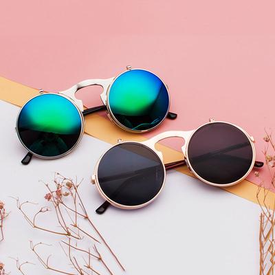 Retro Flip Round Sunglasses Men Women Metal Steampunk Style Sun Glasses for Male Female Double Circular Clear Lens Eyeglasses