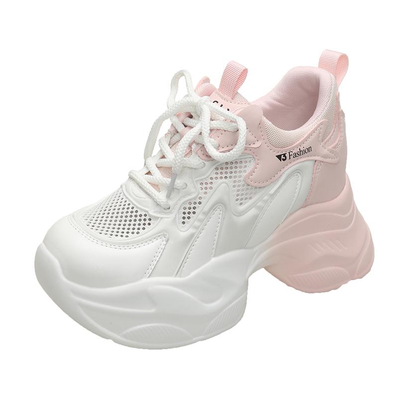 

Fashion 8.5CM High Heels Chunky Mixed colors Sneakers New Summer Women Platform Sports Breathable Mesh Woman Lace-up Thick Bottom Shoes 34 розовый