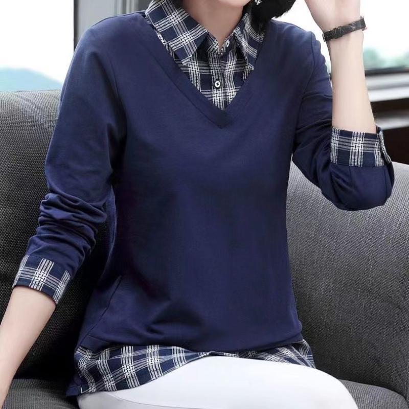 Plaid Shirt Fake Two Piece Personalized Top Sprint Autumn New Women's Long Sleeve Bottoming Blouse Mother T-shirt M-4XL