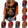 Women's V Neck Casual Three-Quarter Sleeve Halloween Print Blouse