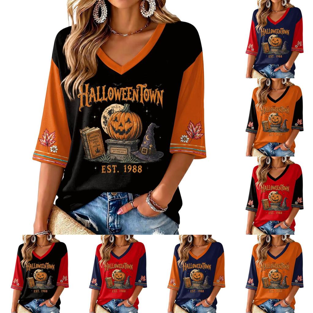 Women's V Neck Casual Three-Quarter Sleeve Halloween Print Blouse