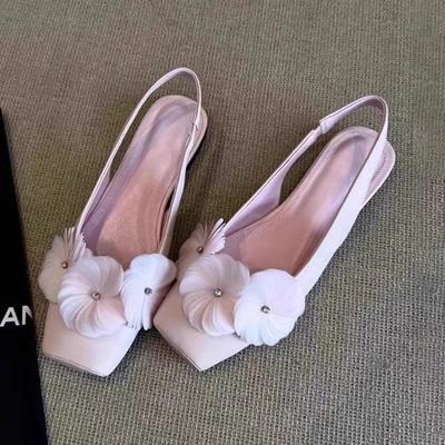 New Style Women's Fashion Flower Wrapped Back Trip Sandals Pointed Toe Shallow Mouth One Strap Soft Sole Low Heel Shoes