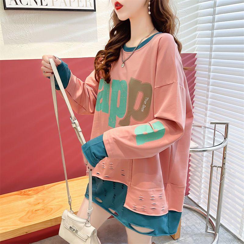 Spring Autumn Women Loose Casual Hoodie Korean Style Fake Two Piece Plus Size Oversized Patchwork Tops Ripped Sweatshirts