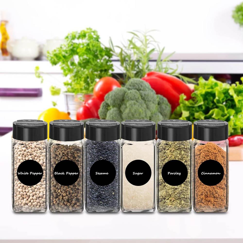 Glass Spice Jars with Labels,4oz Spices Containers Spice Jars with Black Shaker Lids,Empty Containers for Spice, Silicone Funnel