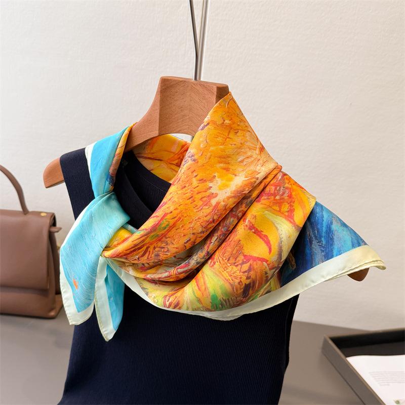 Elegant Oil Painting Print Silk Head Scarf Women Square Hijab Soft Neck Tie Female Fashion Decorate Silk Headscarf Kerchief