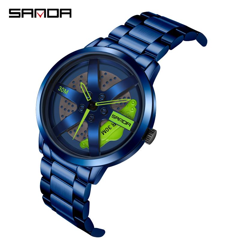 Regarder SANDA Mens Watch Rim Hub Watch Wheel Wristwatch Clock Sport Car Creative 360° Spinning Men Wrist Watch Reloj de hombre