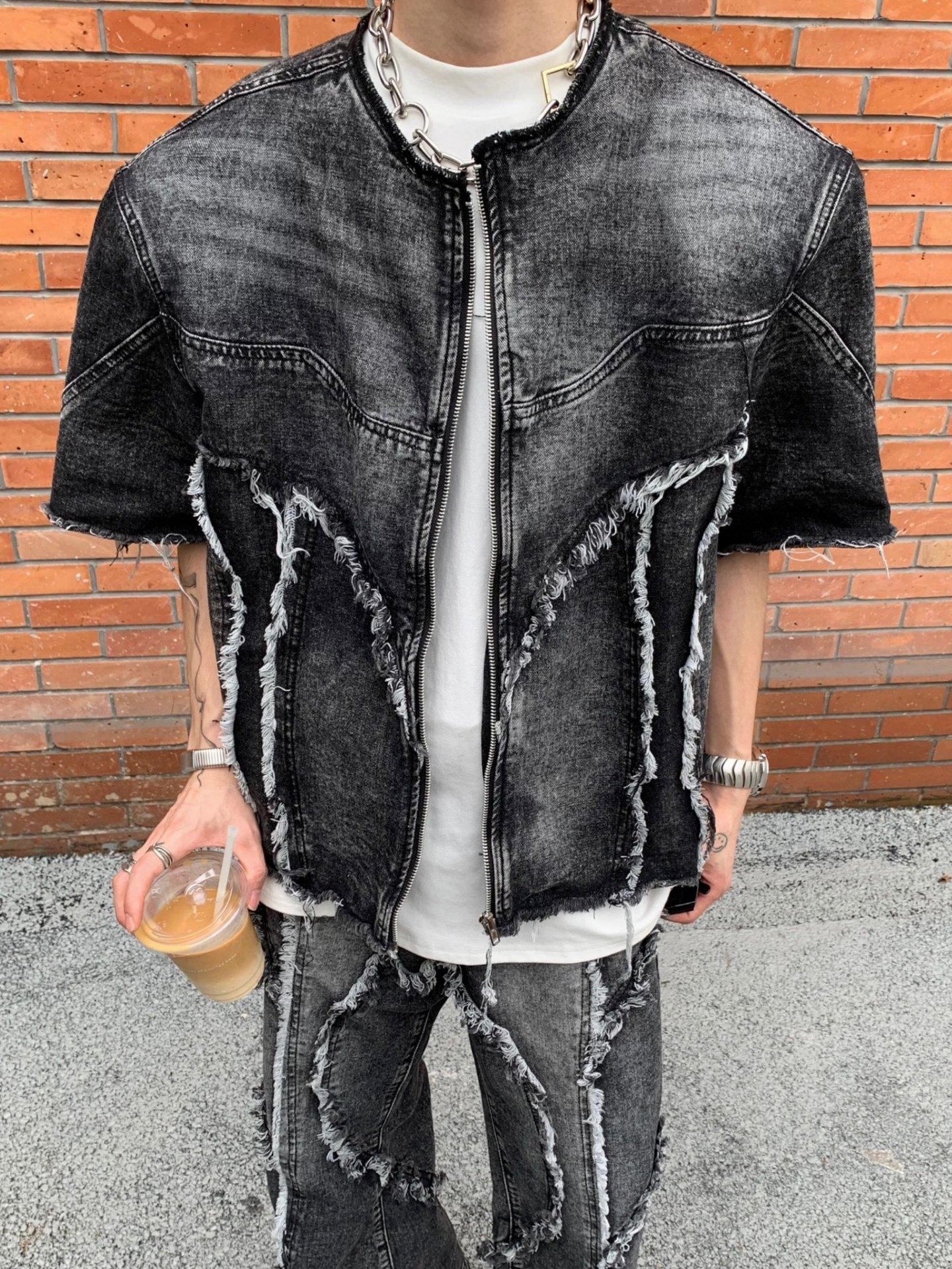 Tie-dye washed old short denim suit rough edge splicing micro-pull jeans jacket rough edge tide M темно-серого