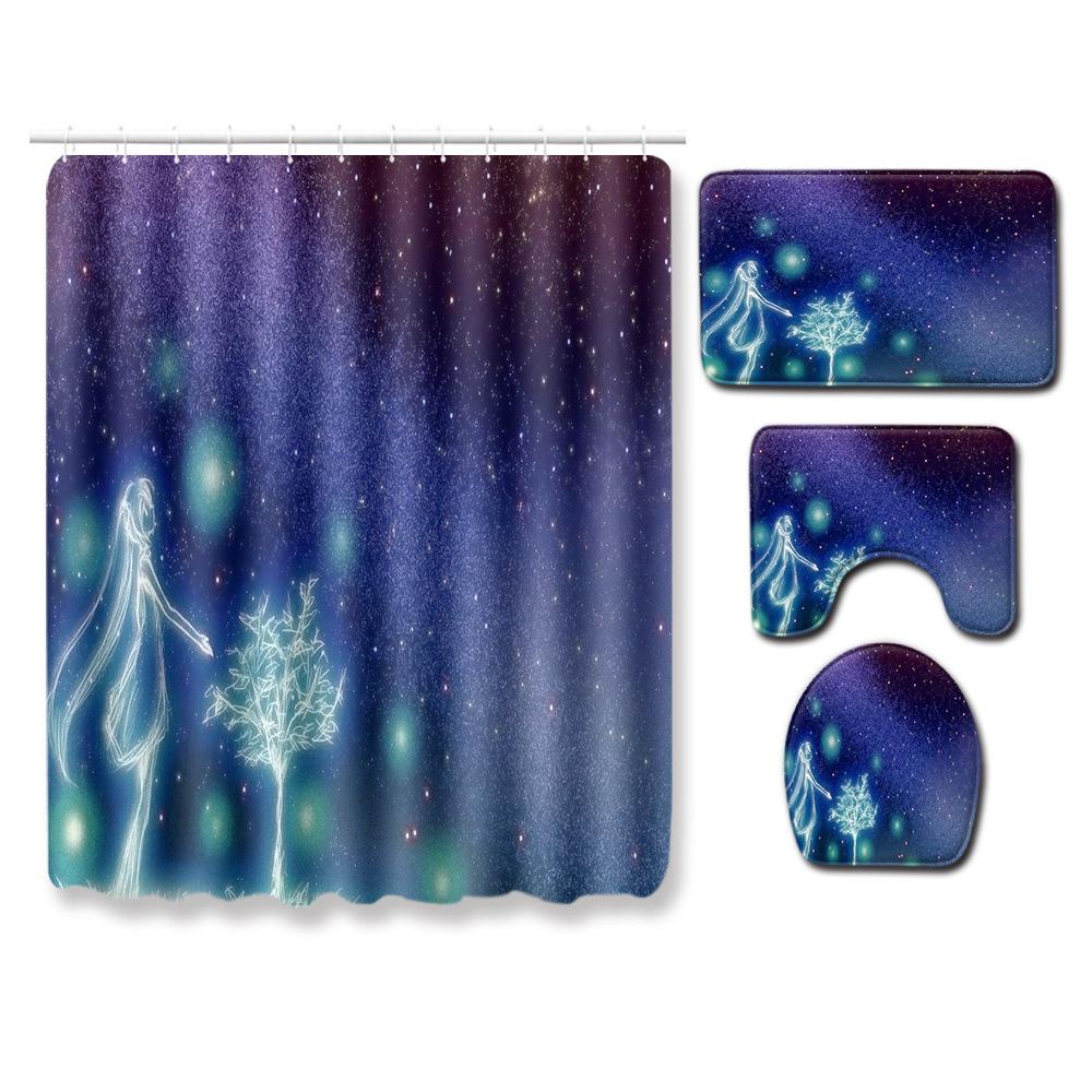 Starry Sky Shower Curtain Floor Mat Combination Four-Piece Set Bathroom Toilet Carpet Shower Room Mat Foot Mat