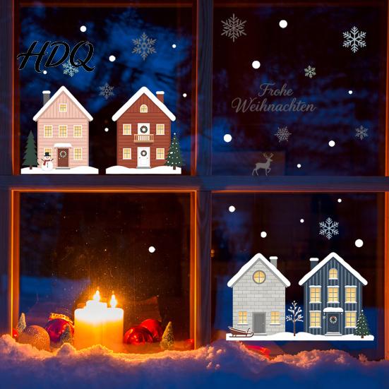 Elk Fir Tree Stickers 2Pcs Christmas Snowy House Static Window Clings, Snowflake Deer Glass Reusable Festive Decals Decals, No-Adhesive for Home Cafe