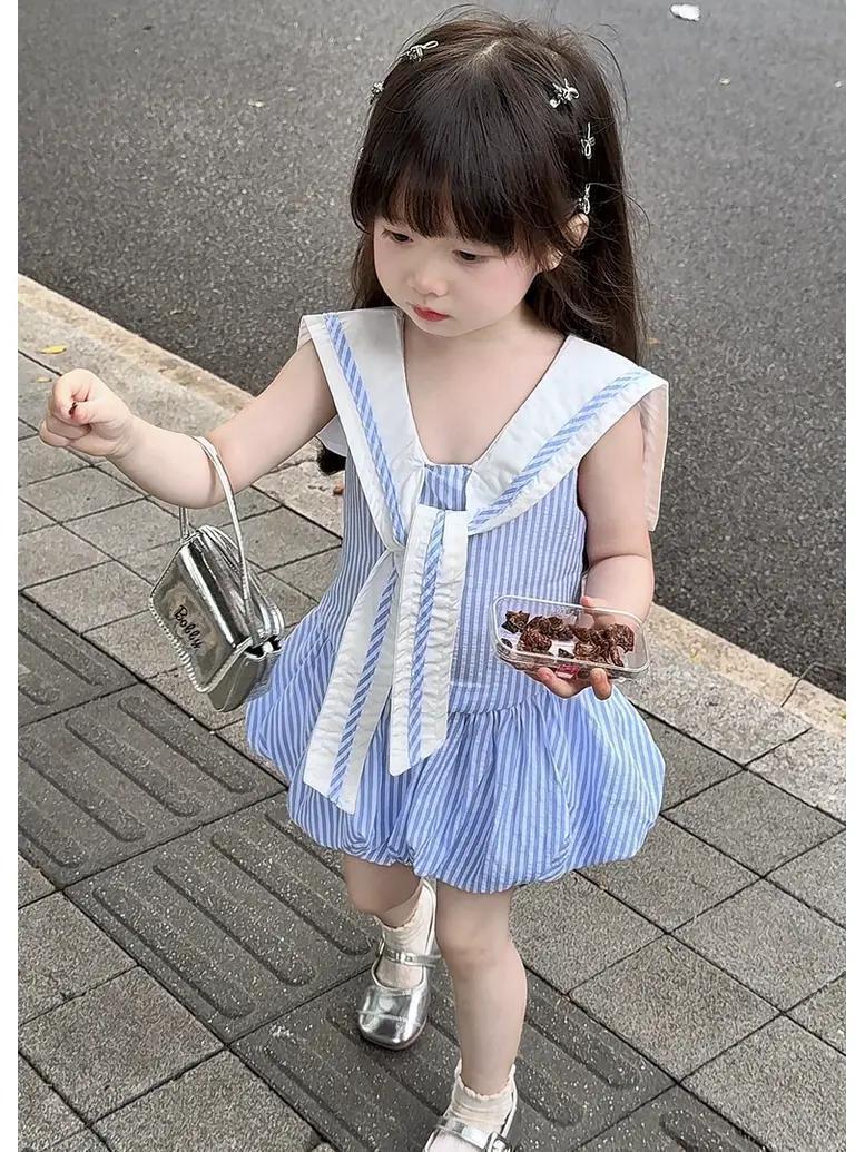 Детское летнее платье 2026 года в клетку с воротником-матроской - Без рукавов, сине-белое, с пышным подолом, в стиле принцессы 80 cm