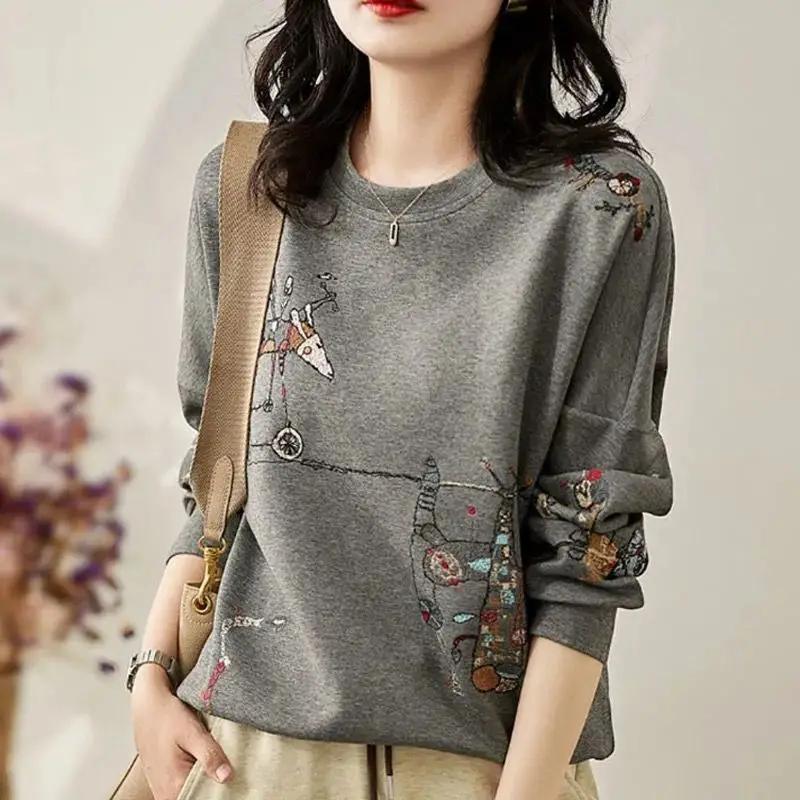 Casual Chic Hoodie Female O Neck Long Sleeve Loose Pullover Tops Women Korean Fashion Funny Embroidery Cotton Sweatshirt Simple
